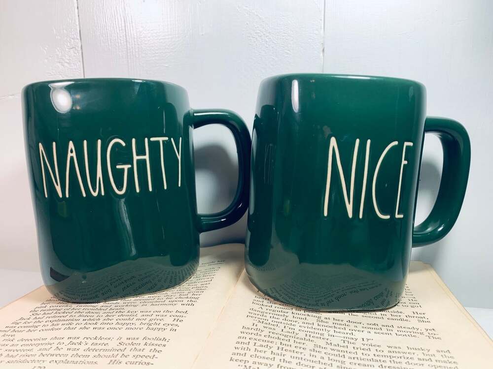Rae Dunn Naughty or Nice Christmas Forest green mugs